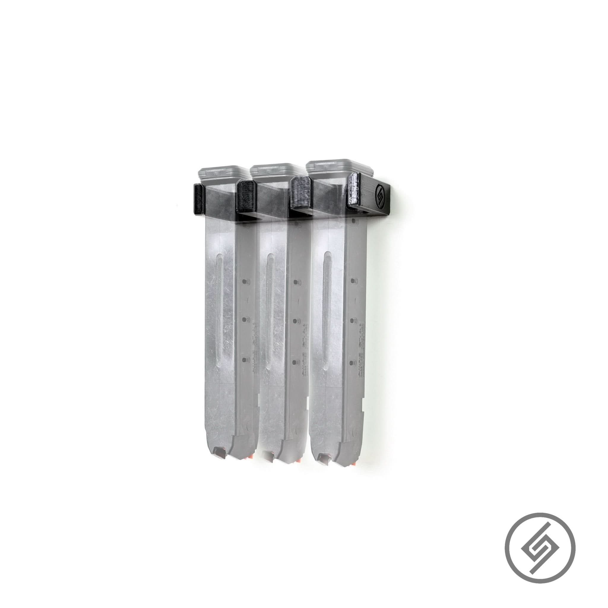 PMAG GL9 magazines shown loaded in the Spartan Mounts wall rack for organized, off-the-floor storage