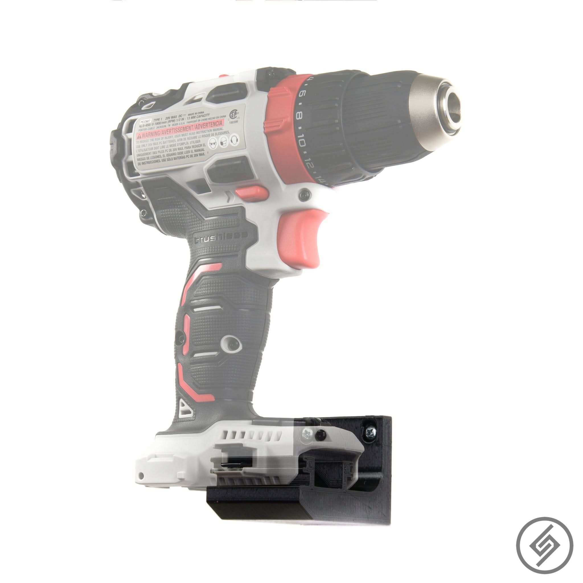 Porter-Cable 20V power tool shown mounted on the Spartan Mounts wall hook for organized garage and shop storage