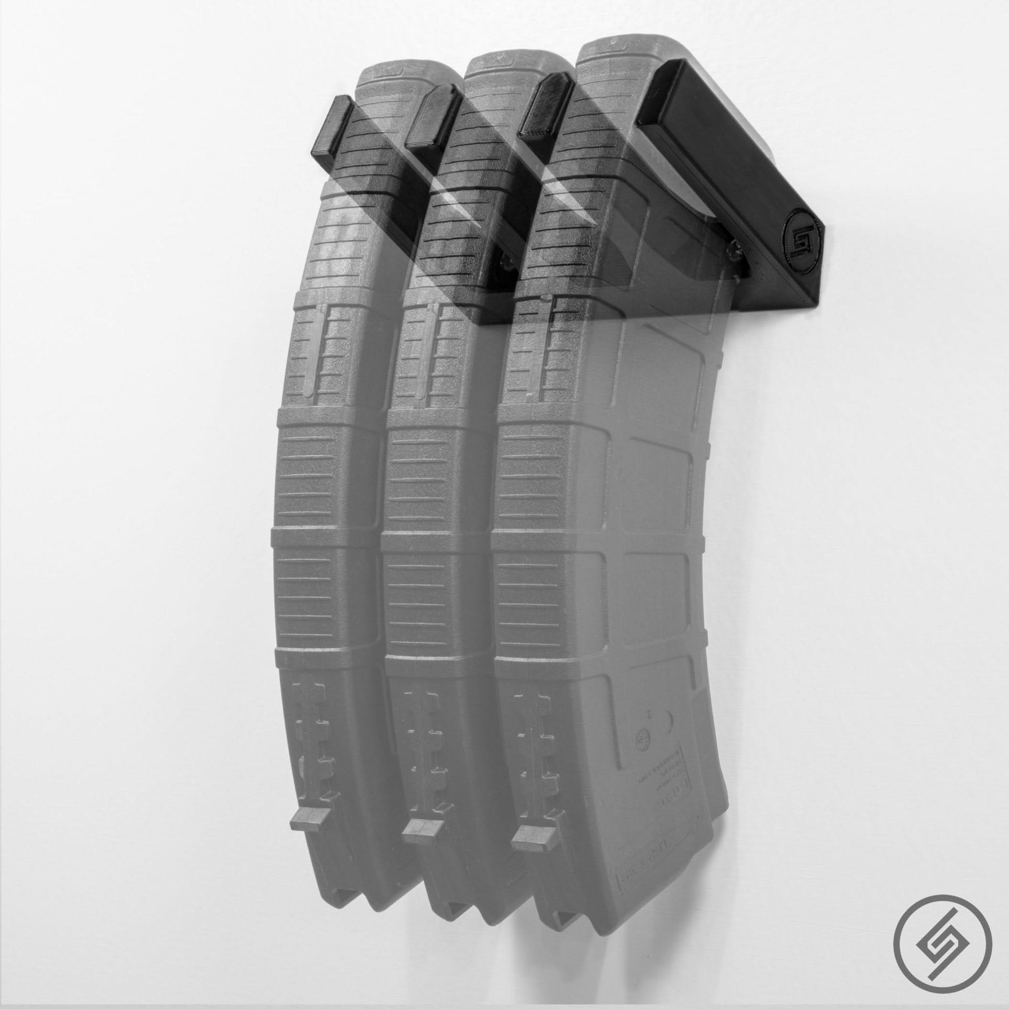 ProMag AK-47 magazines shown loaded in the Spartan Mounts wall rack for organized, off-the-floor storage