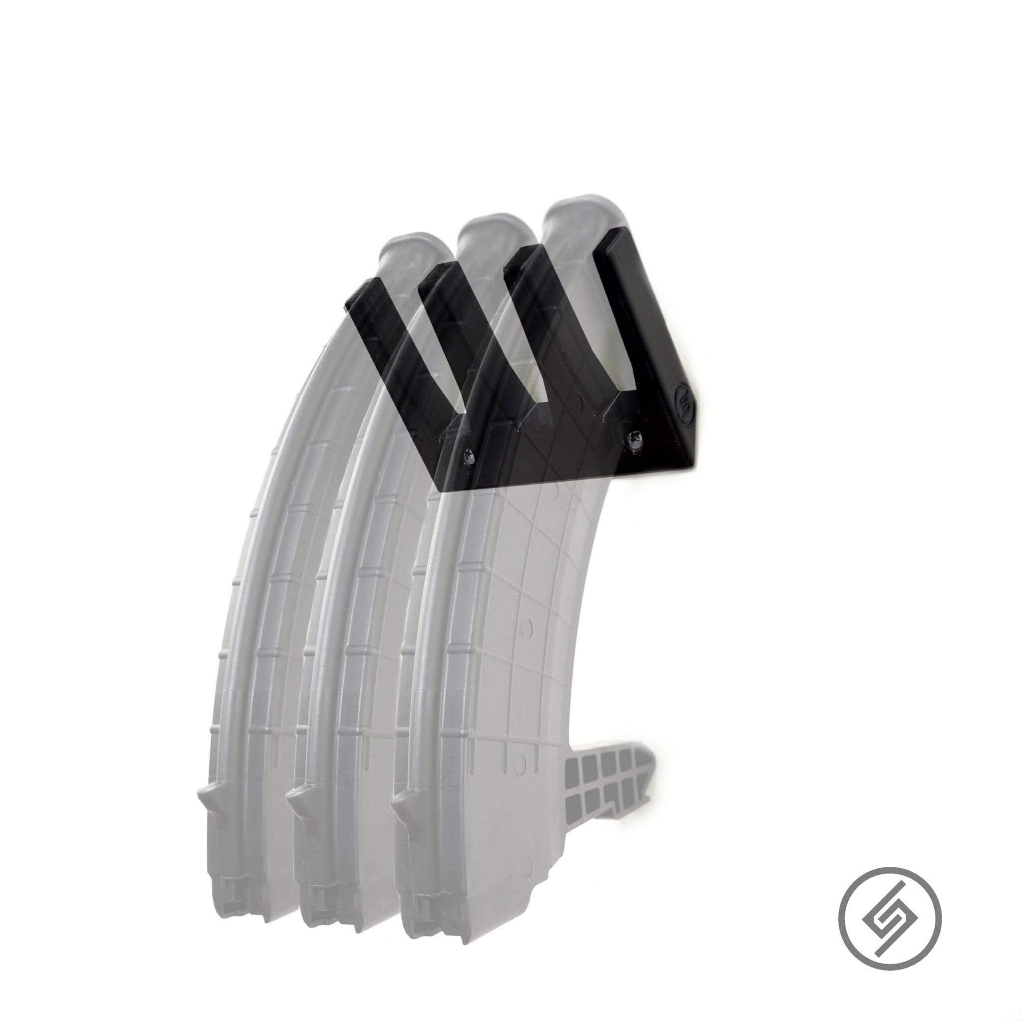 ProMag SKS magazines shown loaded in the Spartan Mounts wall rack for organized, off-the-floor storage