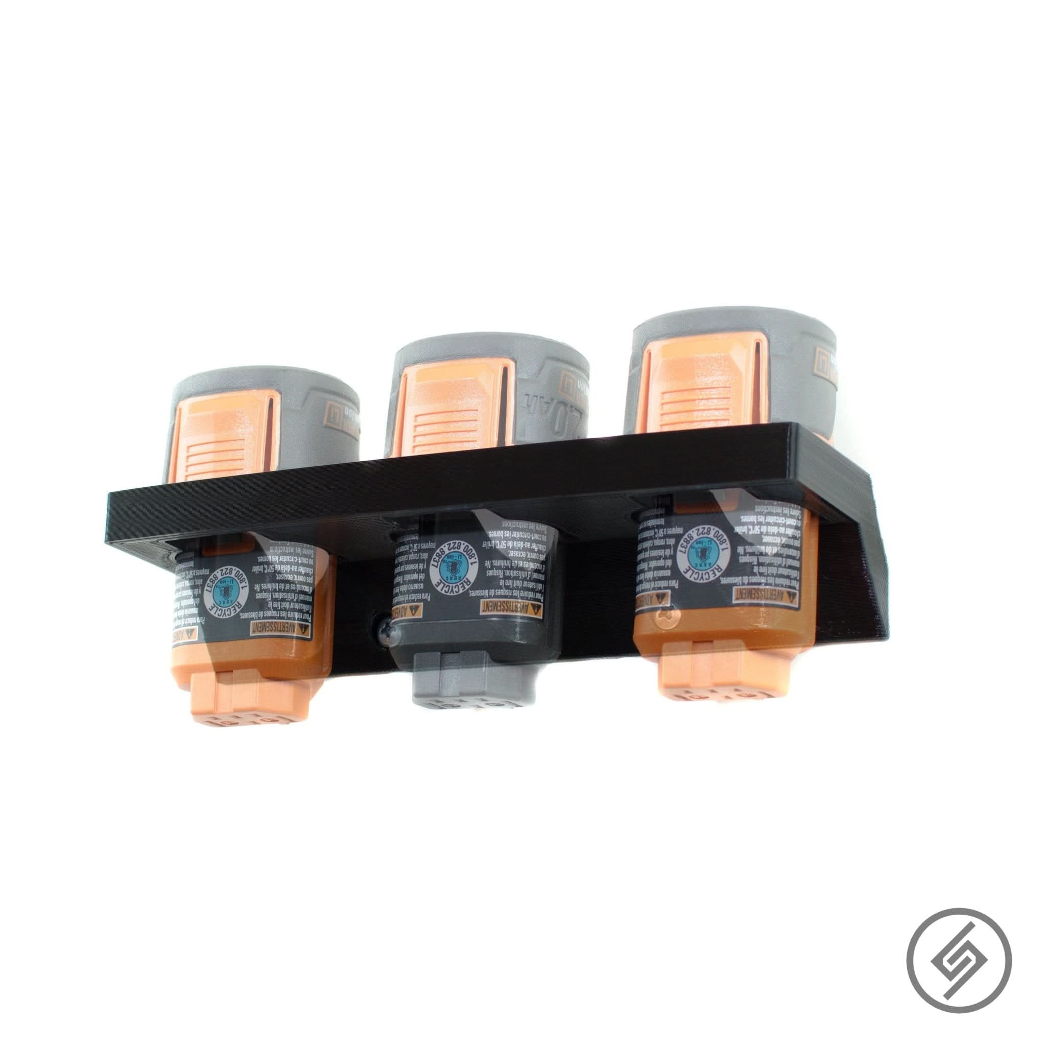 Ridgid 12V battery shown mounted on the Spartan Mounts wall hook for organized garage and shop storage