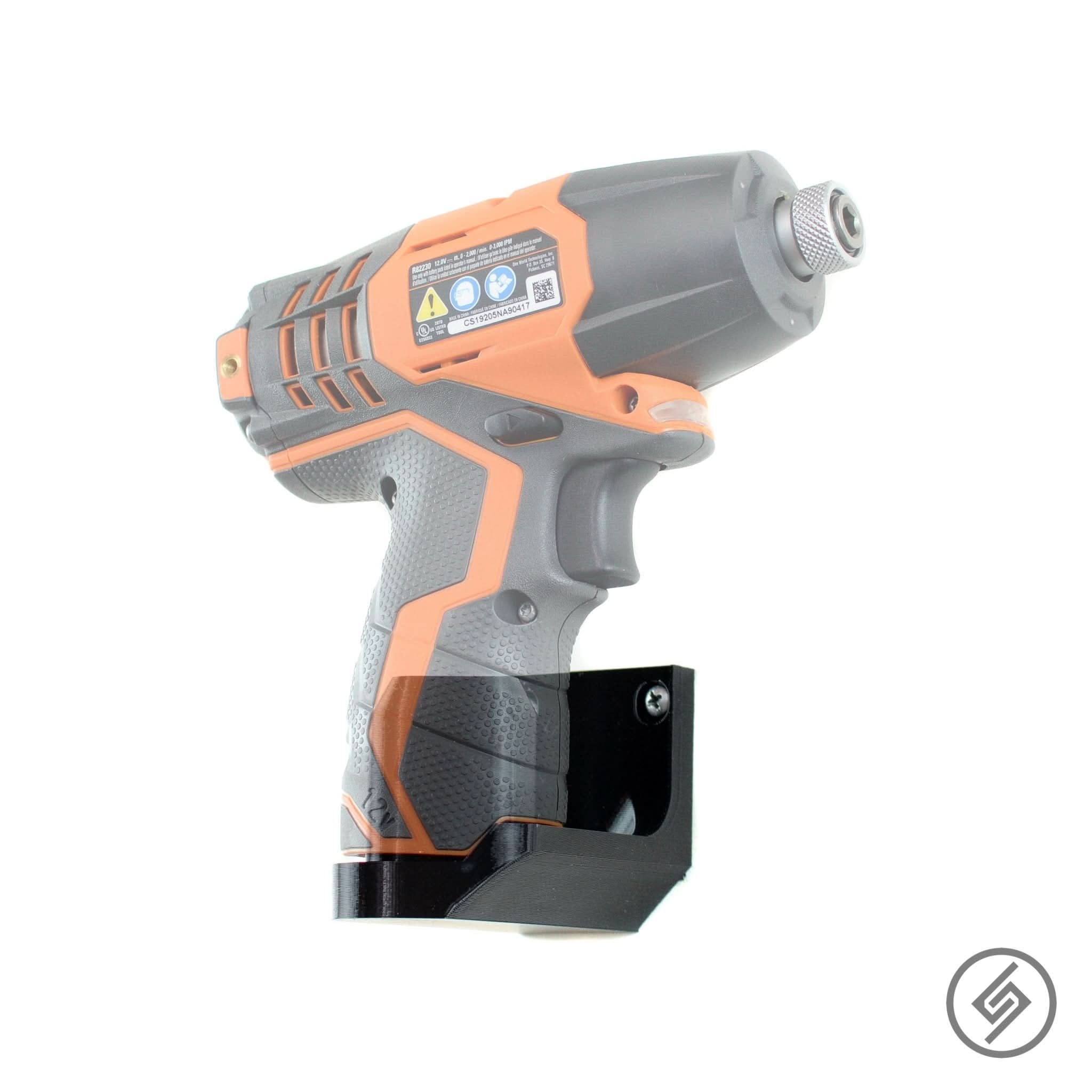 Ridgid 12V power tool shown mounted on the Spartan Mounts wall hook for organized garage and shop storage