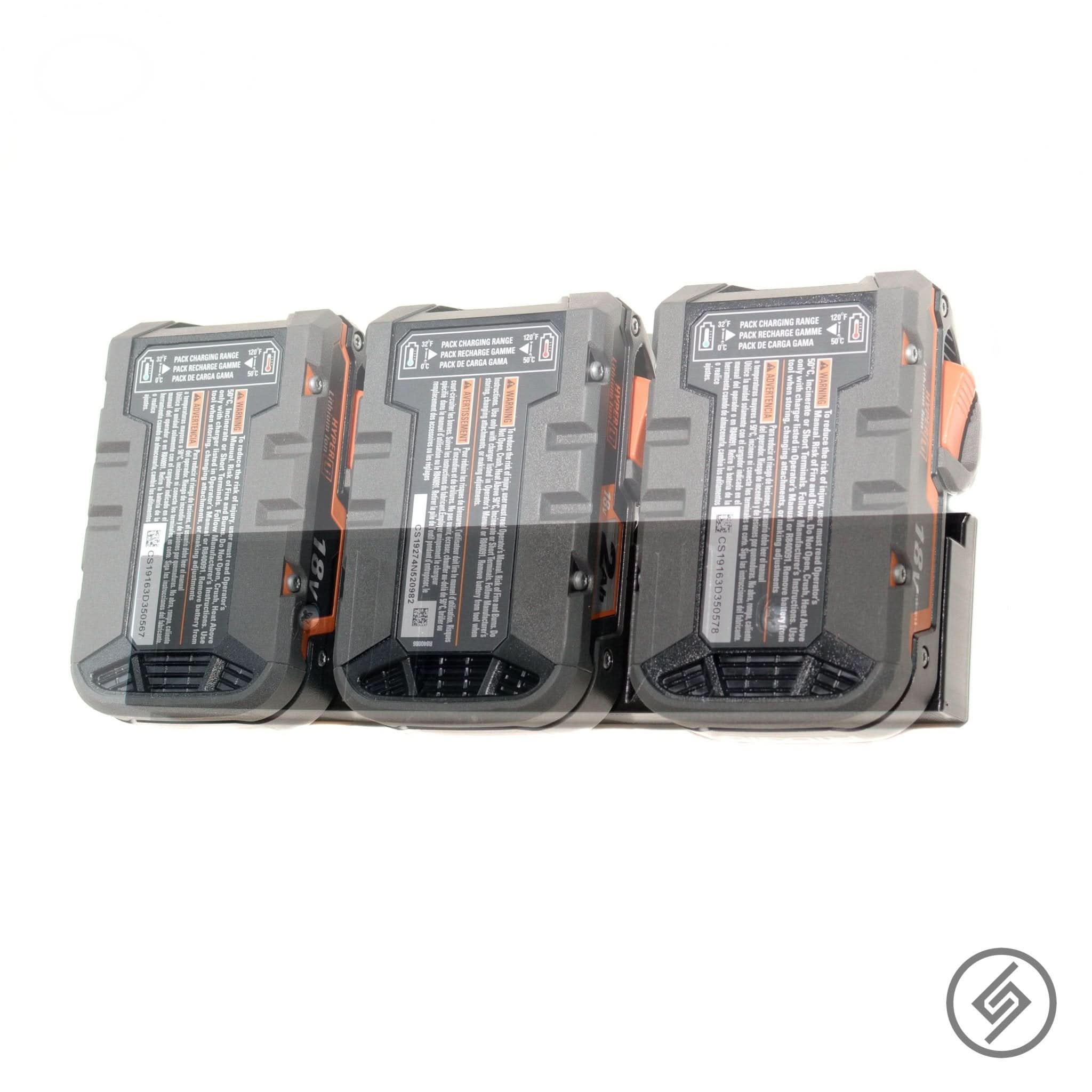 Ridgid 18V battery shown mounted on the Spartan Mounts wall hook for organized garage and shop storage