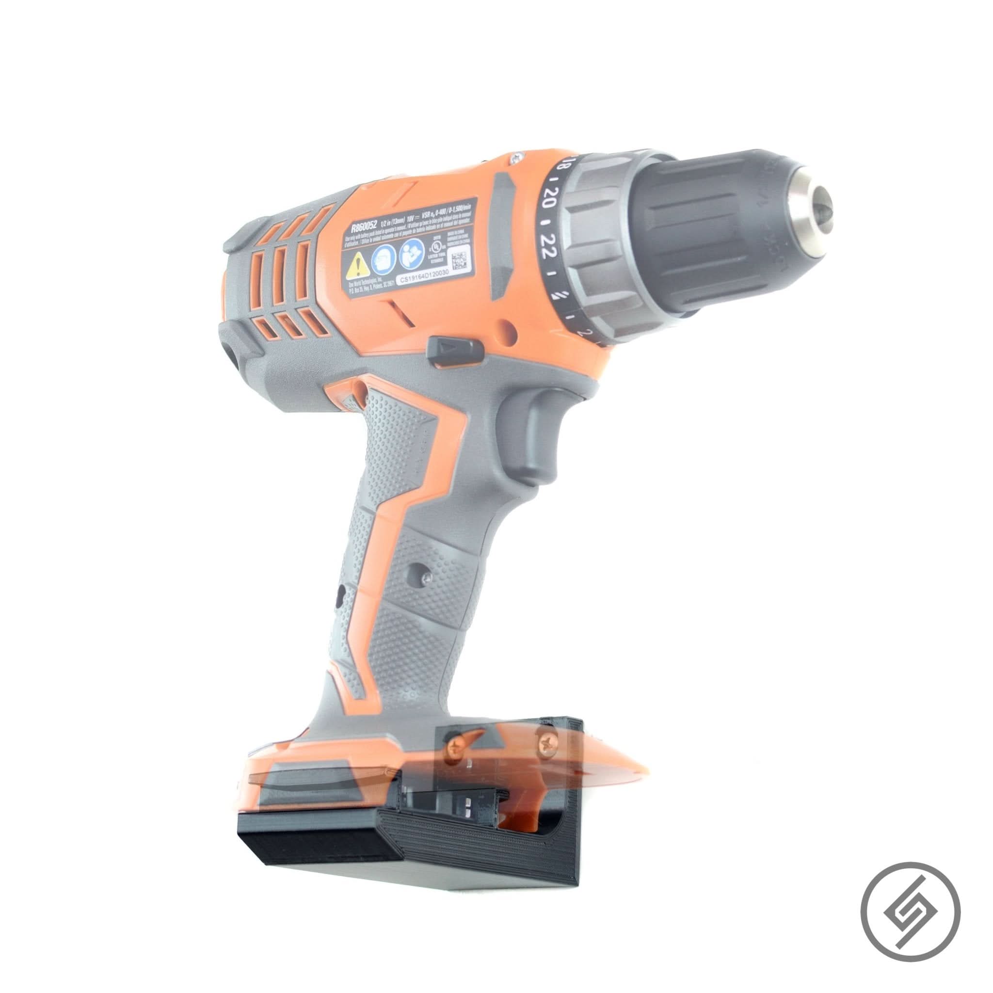 Ridgid 18V power tool shown mounted on the Spartan Mounts wall hook for organized garage and shop storage