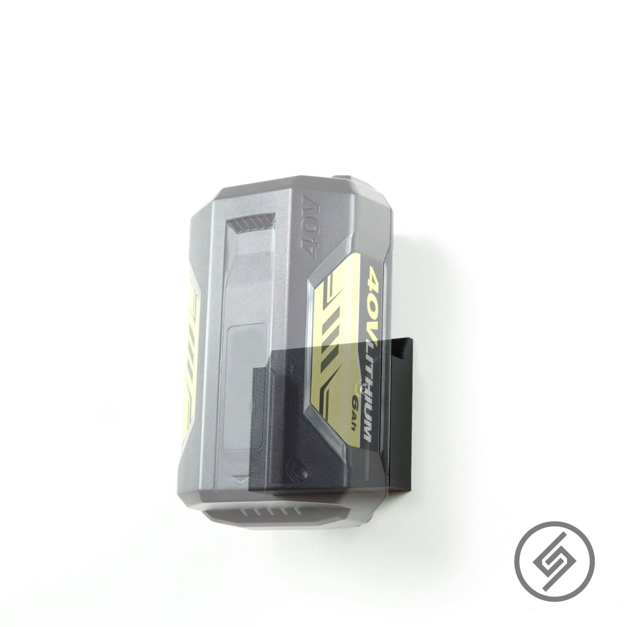 Ryobi 40V battery shown mounted on the Spartan Mounts wall hook for organized garage and shop storage