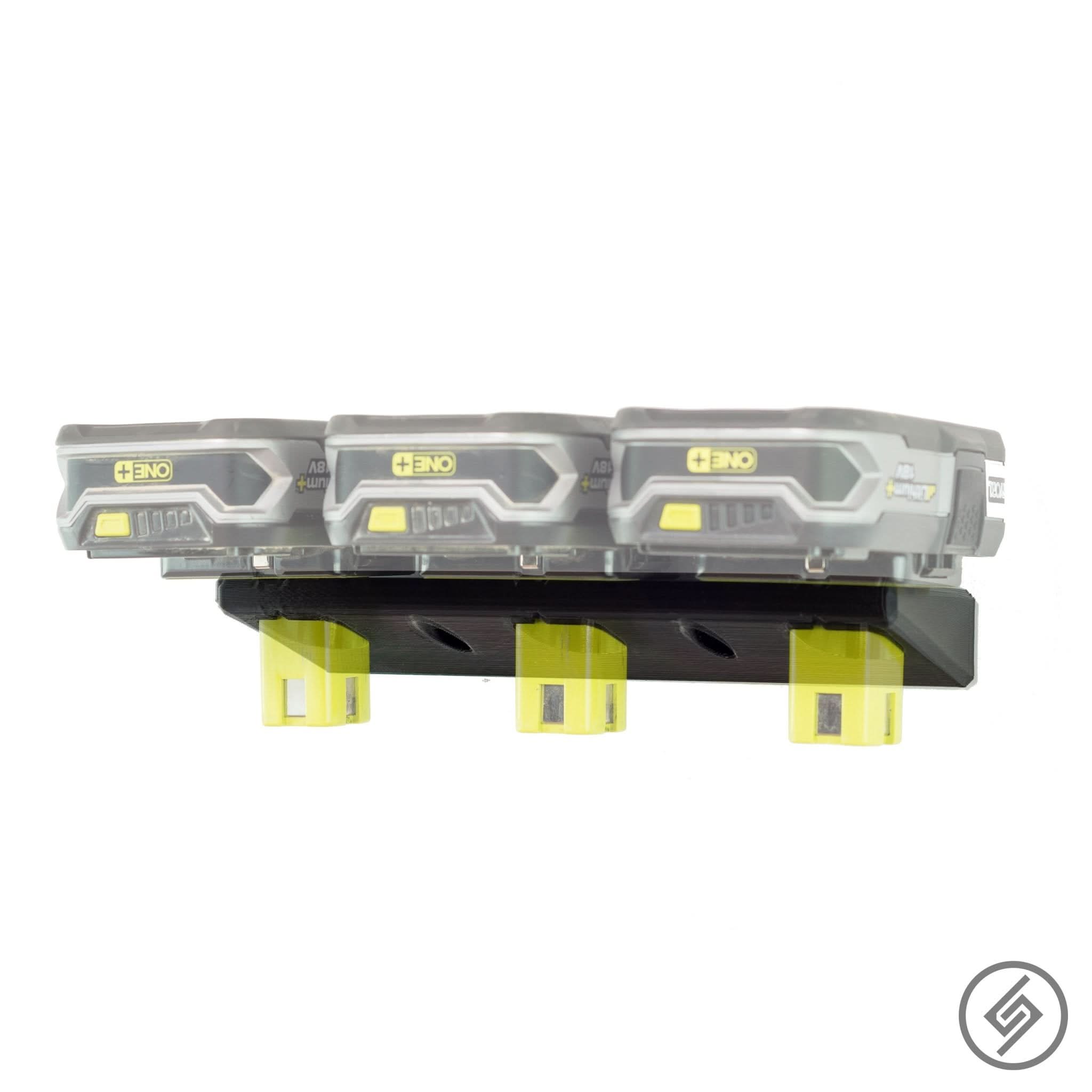 Ryobi battery shown mounted on the Spartan Mounts wall hook for organized garage and shop storage