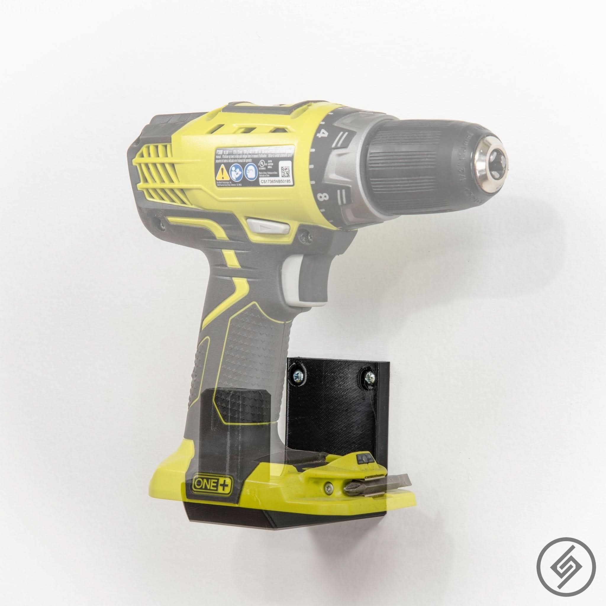 Ryobi power tool shown mounted on the Spartan Mounts wall hook for organized garage and shop storage
