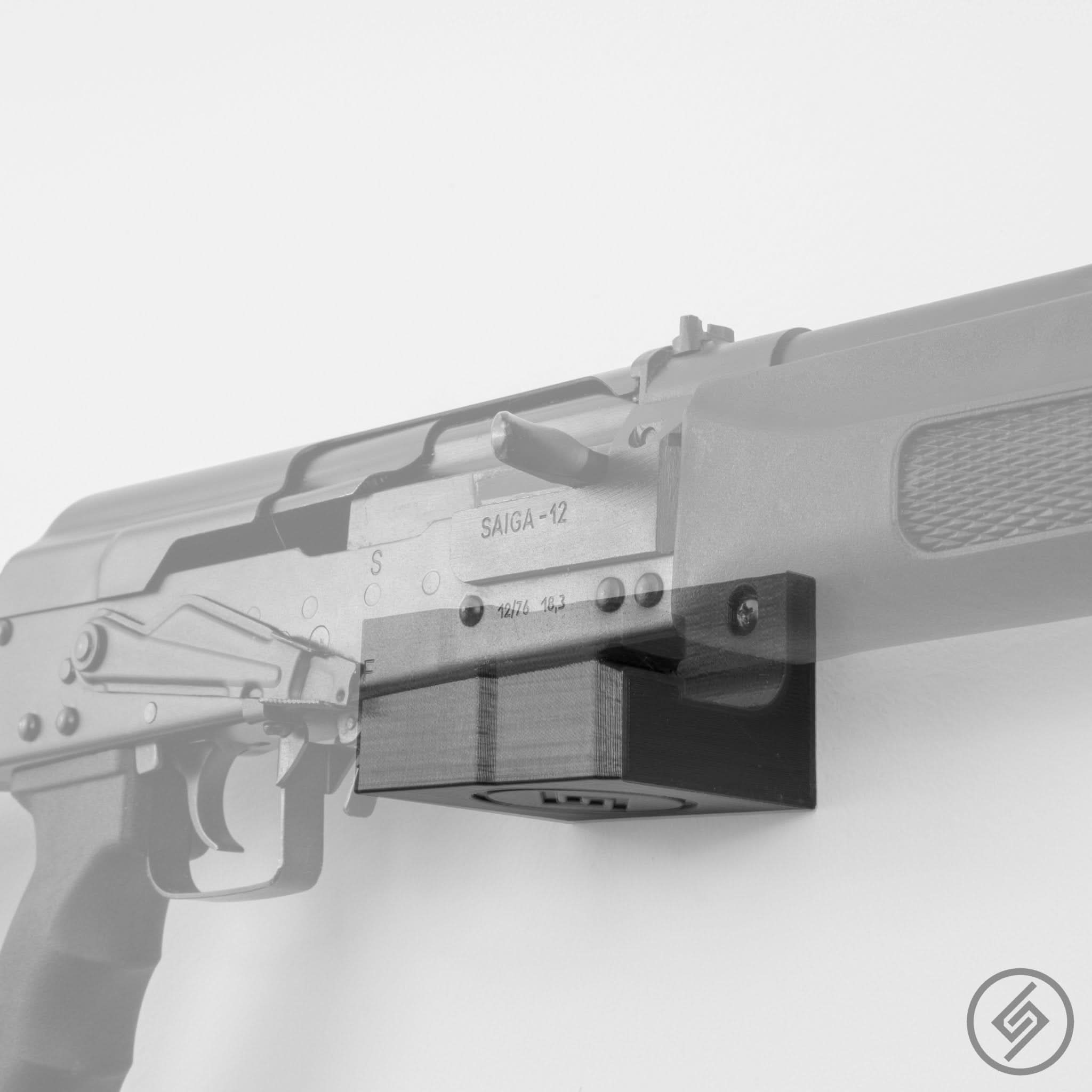 Saiga 12 shotgun shown mounted on the Spartan Mounts wall hook for organized gun room storage
