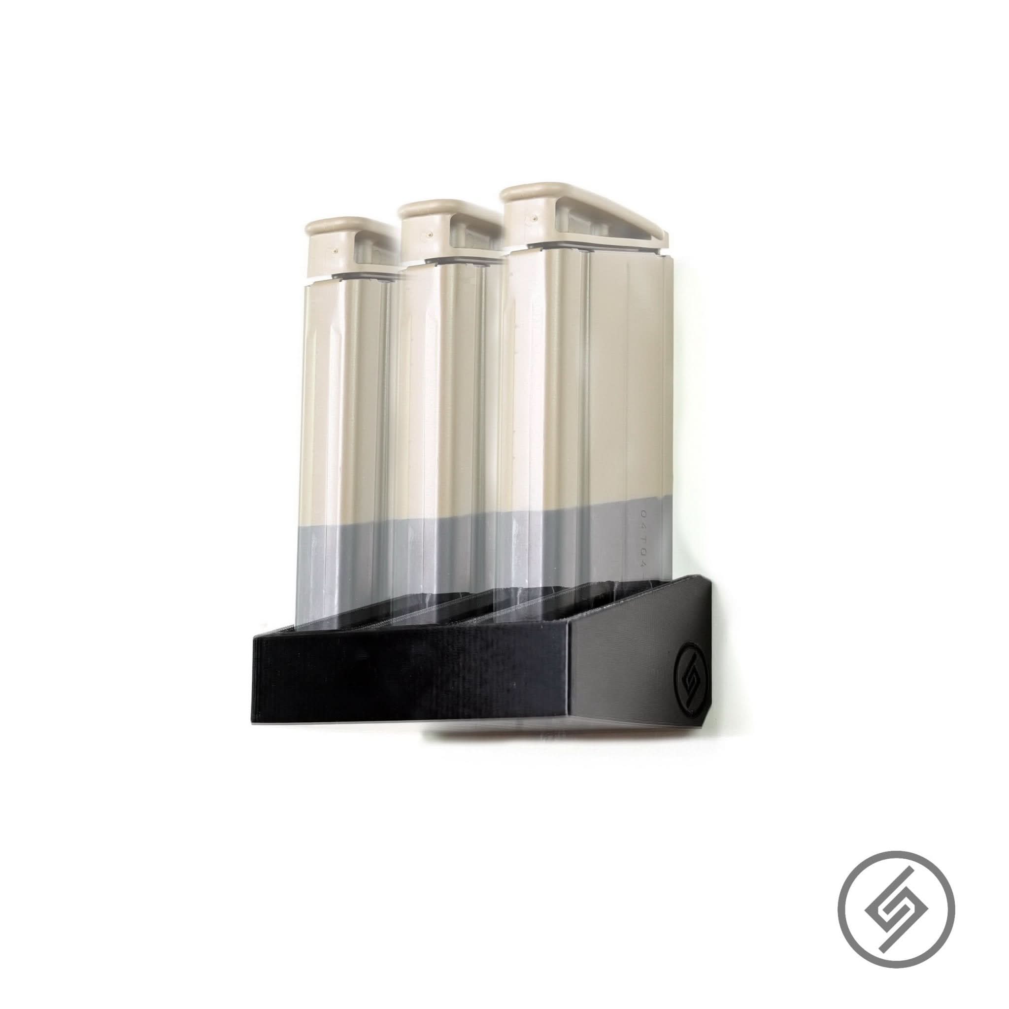 SCAR-H magazines shown loaded in the Spartan Mounts wall rack for organized, off-the-floor storage