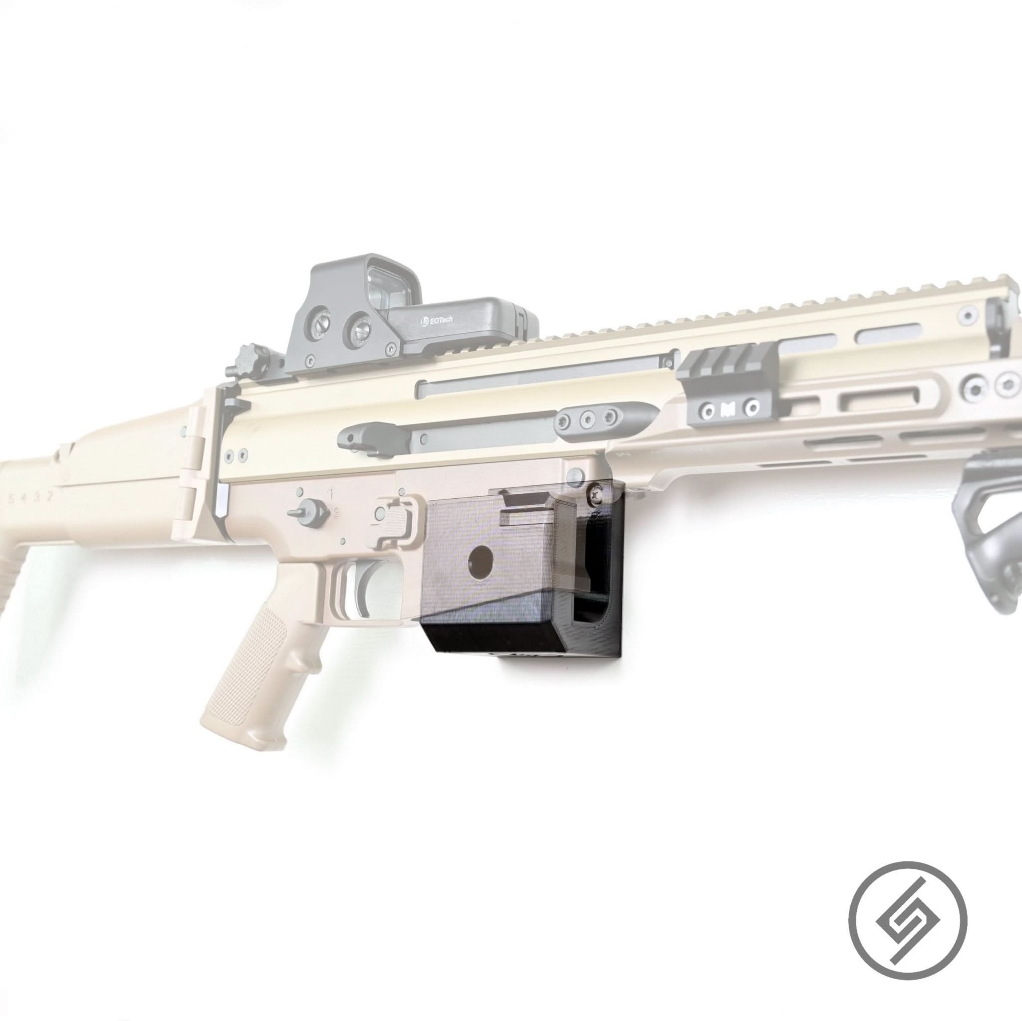 SCAR-H rifle shown mounted on the Spartan Mounts wall hook for secure, quick-access storage