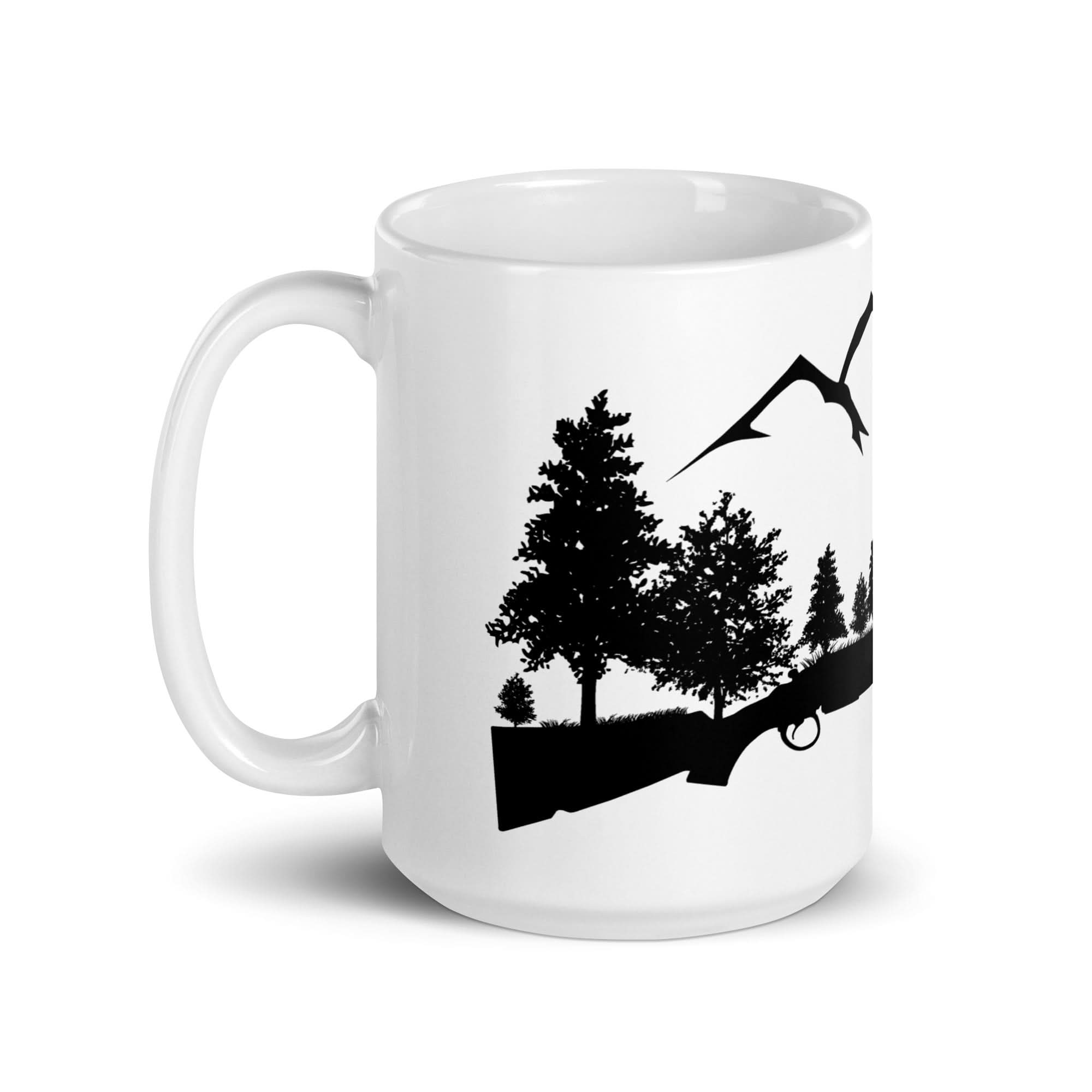 Spartan Mounts ceramic mug with shotgun and mountains design