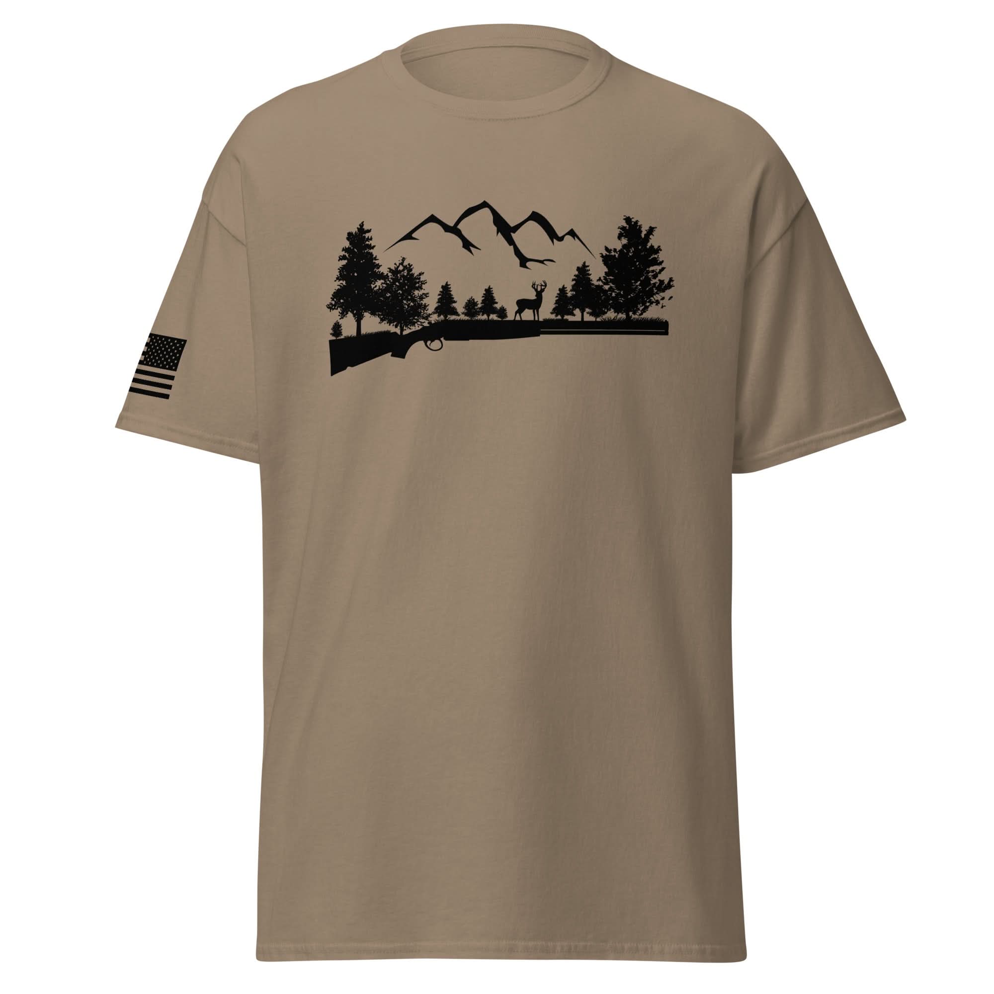 Spartan Mounts Shotgun and Mountains t-shirt with black ink design