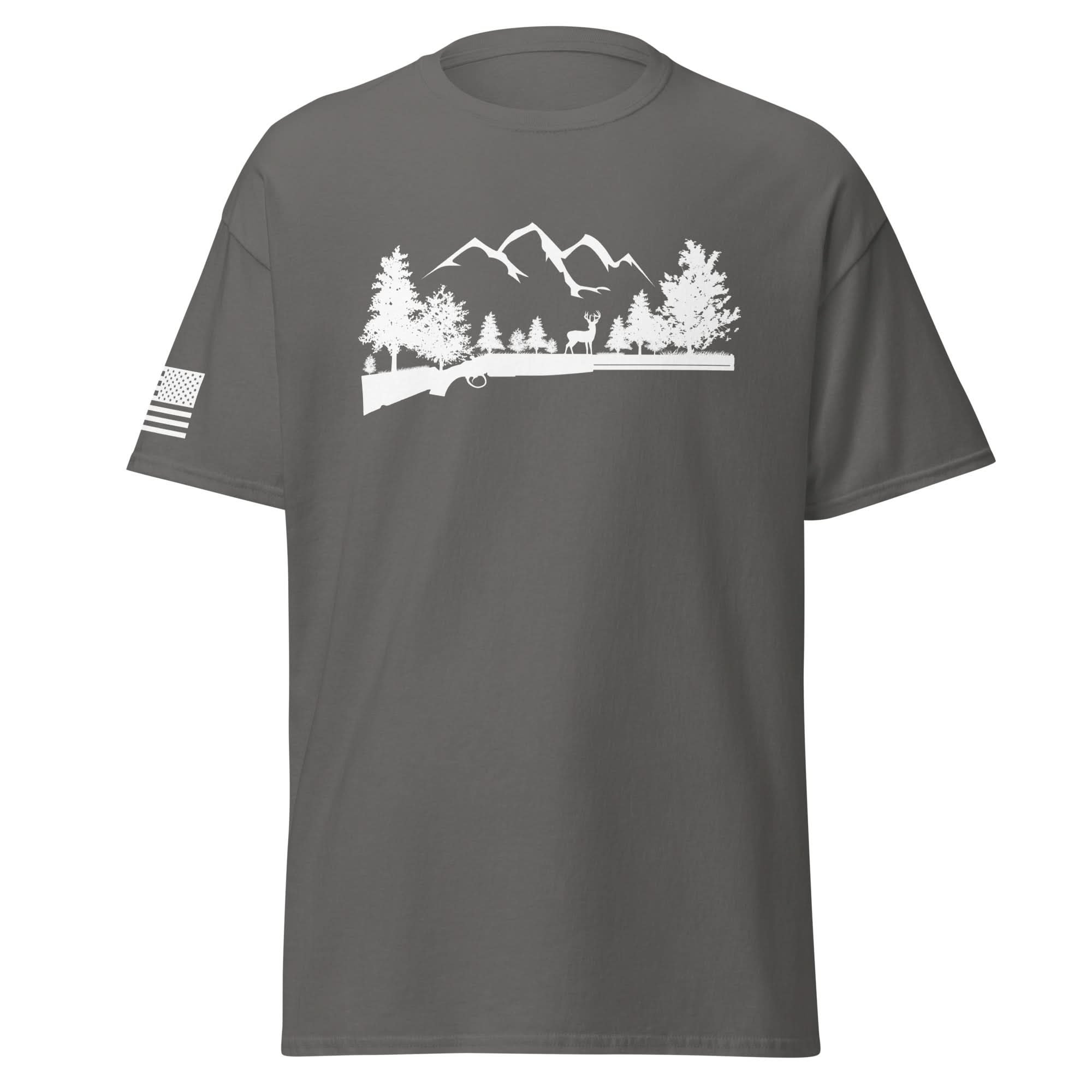 Spartan Mounts Shotgun and Mountains t-shirt with white ink design