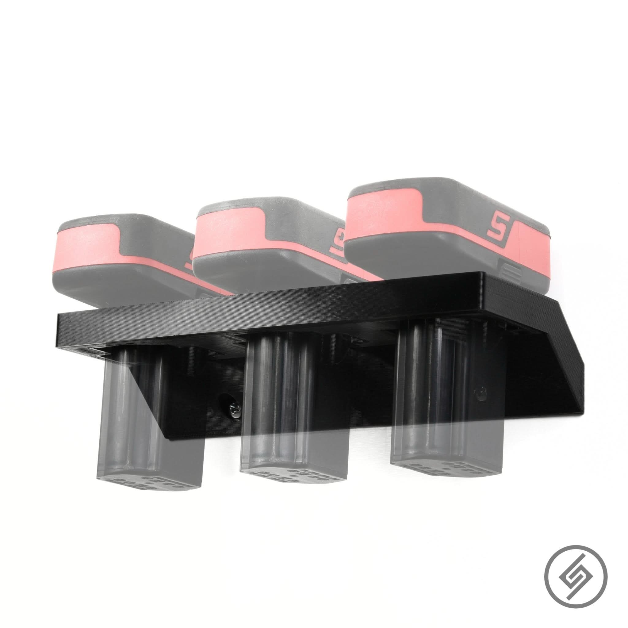 Snap-on 14V battery shown mounted on the Spartan Mounts wall hook for organized garage and shop storage
