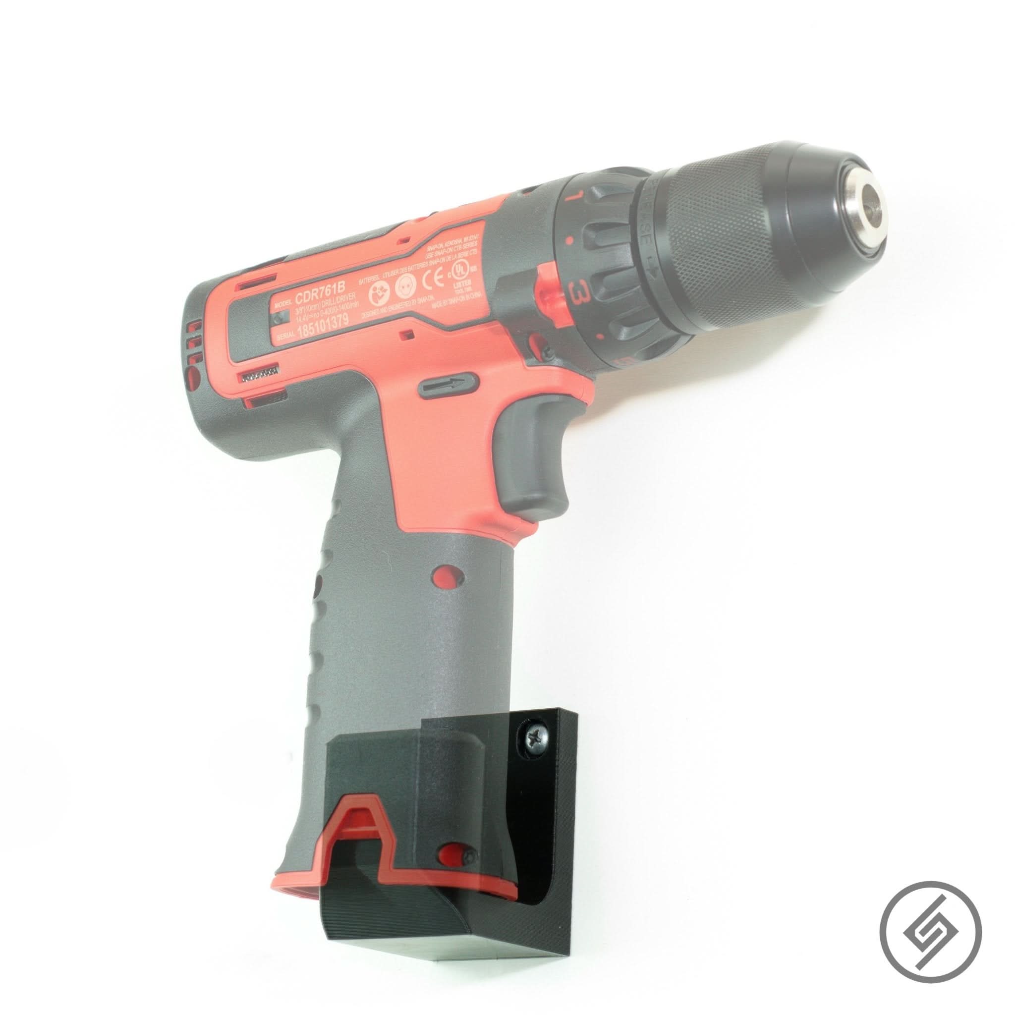 Snap-on 14V power tool shown mounted on the Spartan Mounts wall hook for organized garage and shop storage