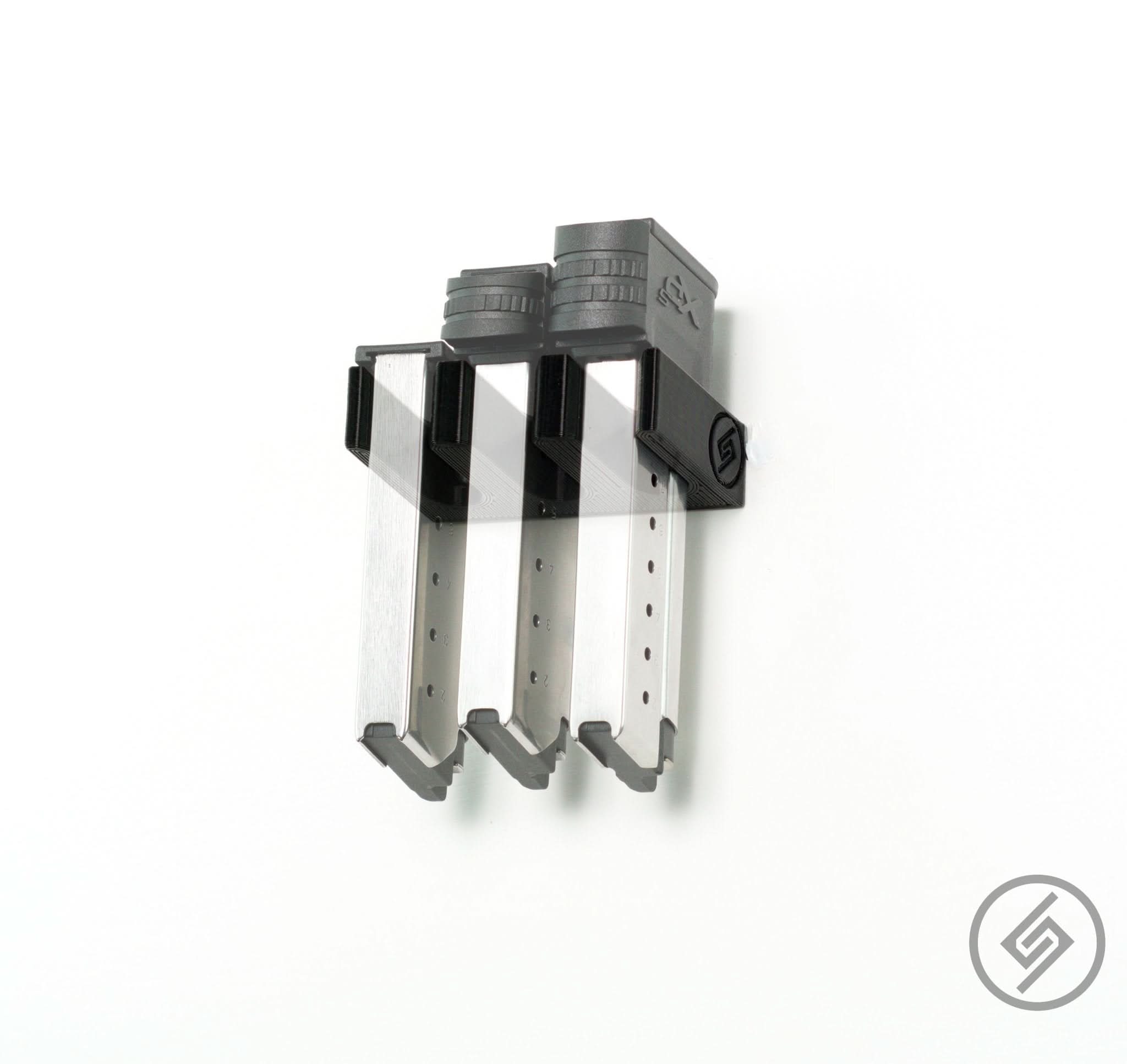 Springfield XDS/XDE magazines shown loaded in the Spartan Mounts wall rack for organized, off-the-floor storage