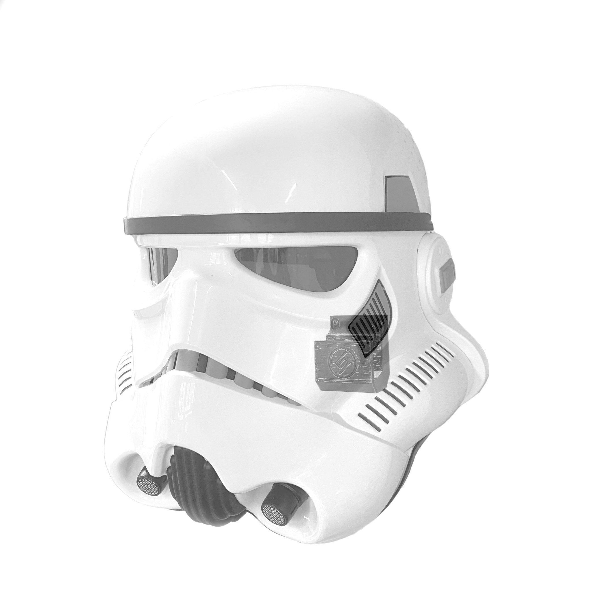 Stormtrooper helmet shown mounted on the Spartan Mounts wall mount for a clean, off-the-floor display
