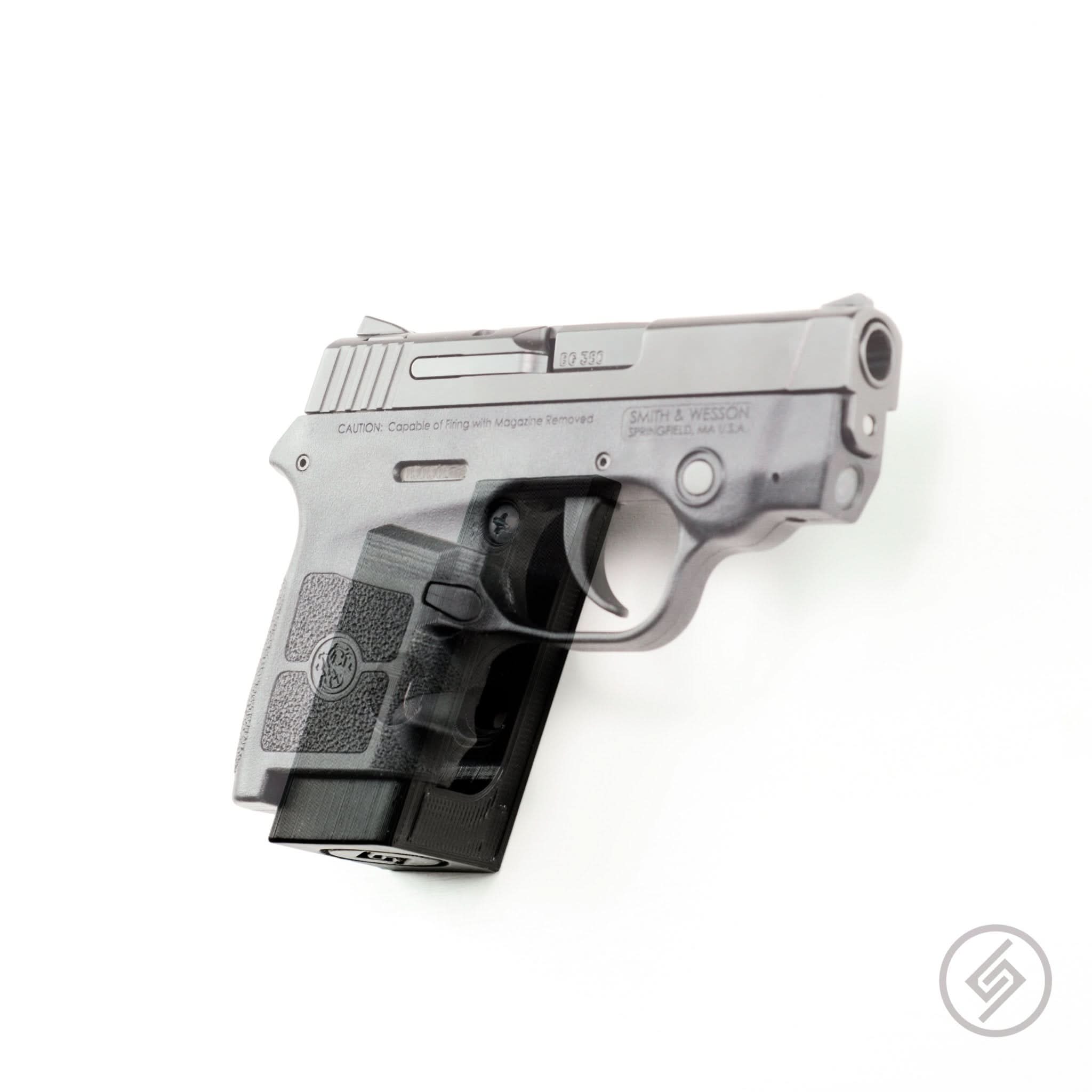 S&W Bodyguard 380 pistol shown mounted on the Spartan Mounts wall hook for a clean, space-saving display