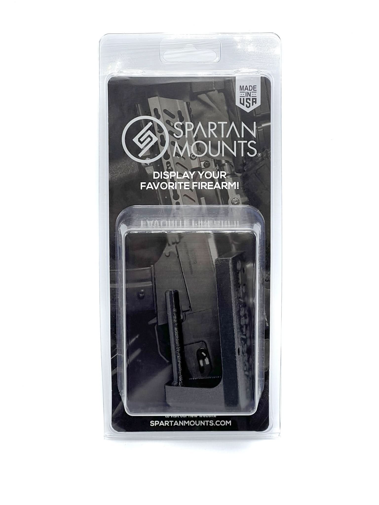 Spartan Mounts universal pistol wall mount shown in retail packaging