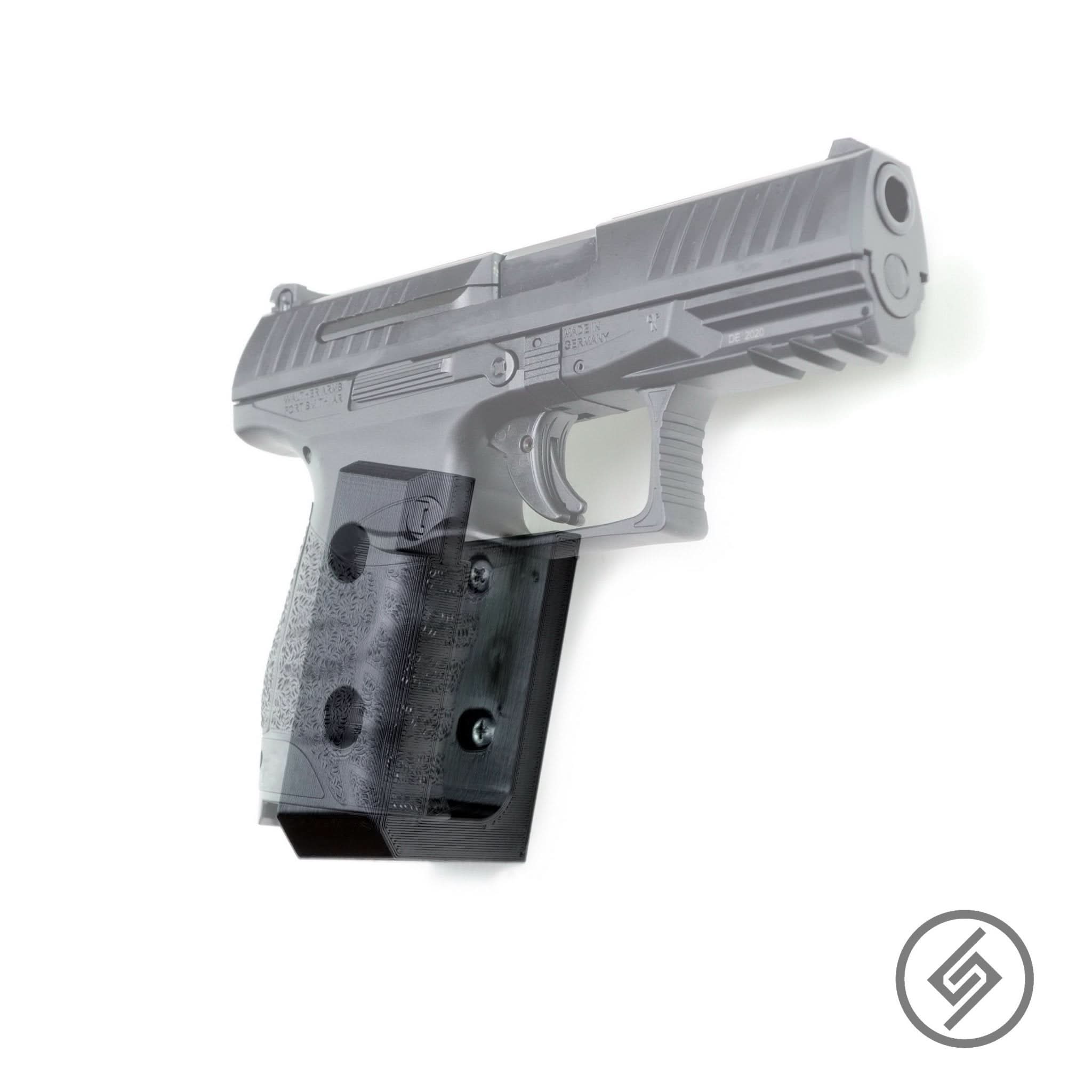 Walther CCP pistol shown mounted on the Spartan Mounts wall hook for a clean, quick-access display