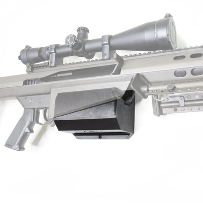 Barrett M82 .50 cal rifle shown mounted on the Spartan Mounts wall hook for secure, quick-access storage