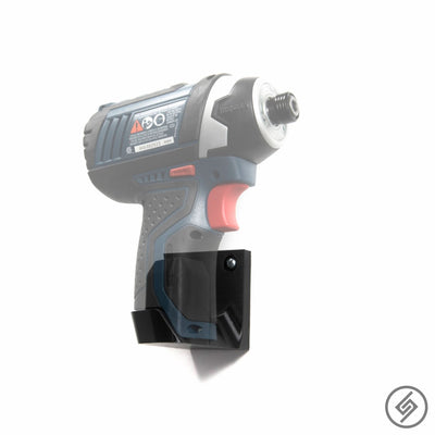 Bosch 12V power tool shown mounted on the Spartan Mounts wall hook for organized garage and shop storage