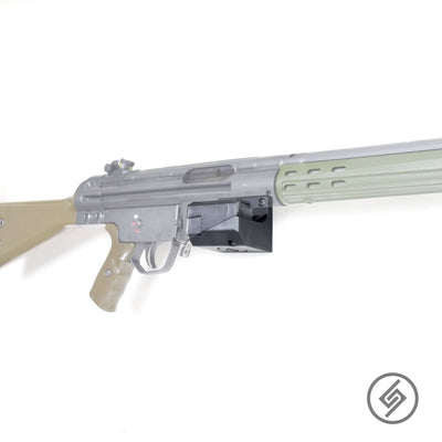 H&K-91 rifle shown mounted on the Spartan Mounts wall hook for secure, quick-access storage
