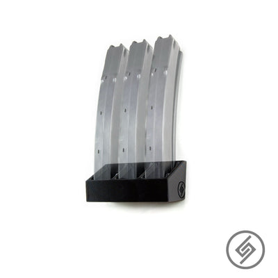 H&K MP5 magazines shown loaded in the Spartan Mounts wall rack for organized, off-the-floor storage