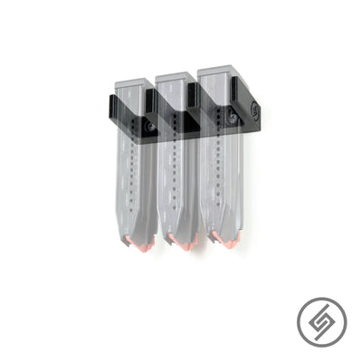 H&K VP9 magazines shown loaded in the Spartan Mounts wall rack for organized, off-the-floor storage