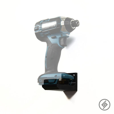 Makita 18V power tool shown mounted on the Spartan Mounts wall hook for organized garage and shop storage