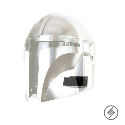 Mandalorian-style helmet shown mounted on the Spartan Mounts wall mount for a clean, off-the-floor display