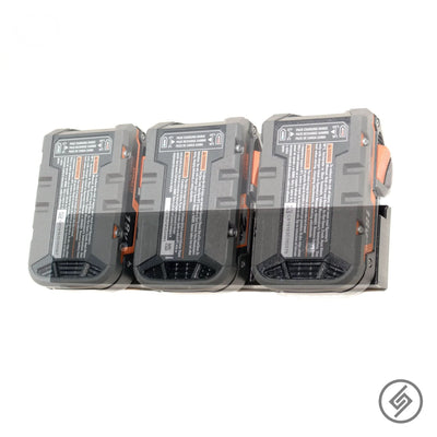 Ridgid 18V battery shown mounted on the Spartan Mounts wall hook for organized garage and shop storage