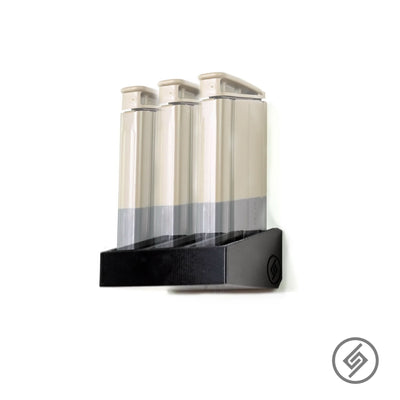 SCAR-H magazines shown loaded in the Spartan Mounts wall rack for organized, off-the-floor storage