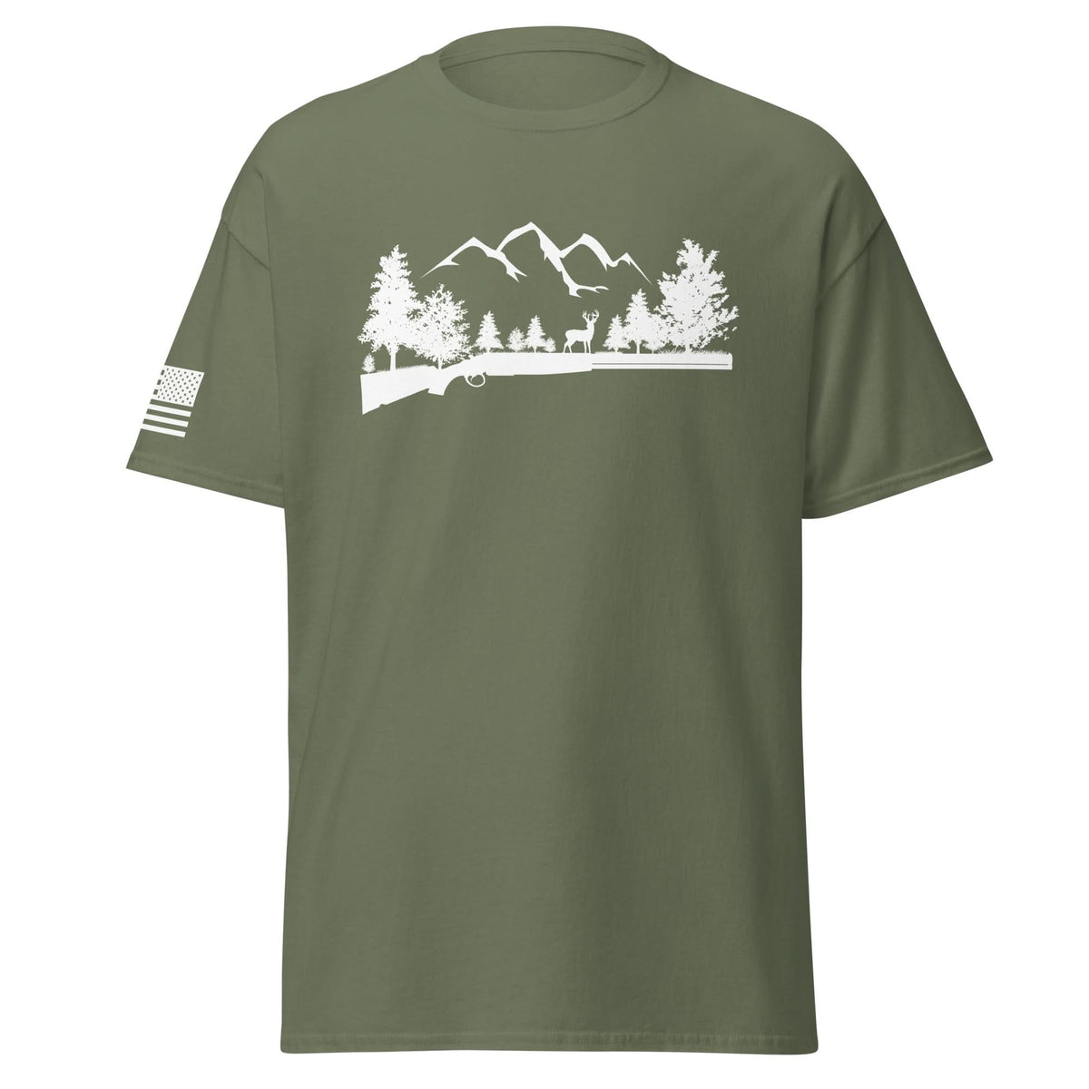 Shotgun and Mountains Shirt | White Ink by Spartan Mounts - Military Green S