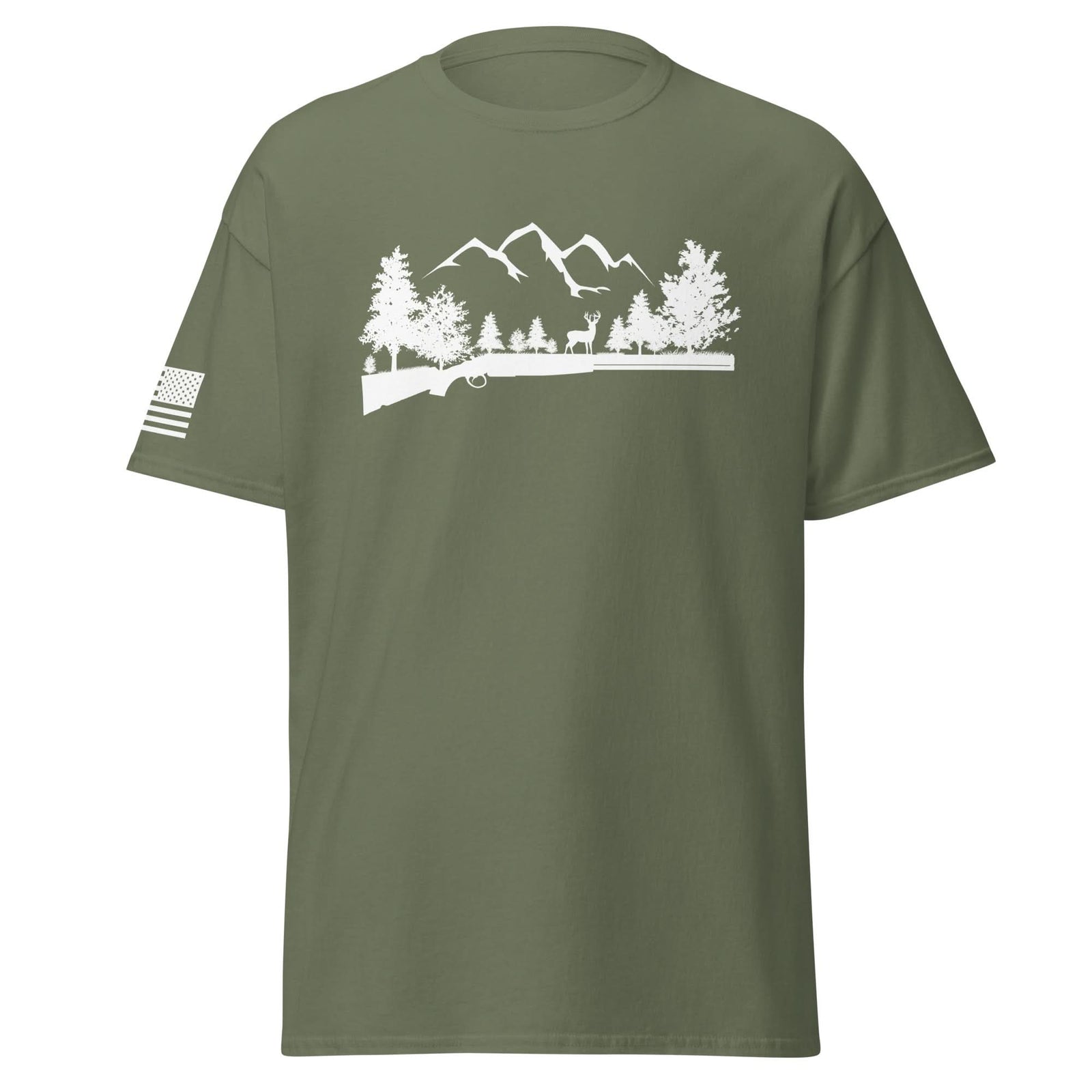 Shotgun and Mountains Shirt | White Ink by Spartan Mounts - Military Green S