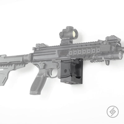 SIG MPX PCC shown mounted on the Spartan Mounts wall hook for secure, space-saving storage