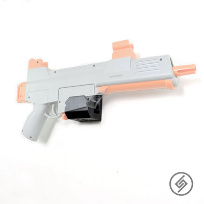 Splat-R-Ball gel blaster shown mounted on the Spartan Mounts wall hook for organized, off-the-floor storage
