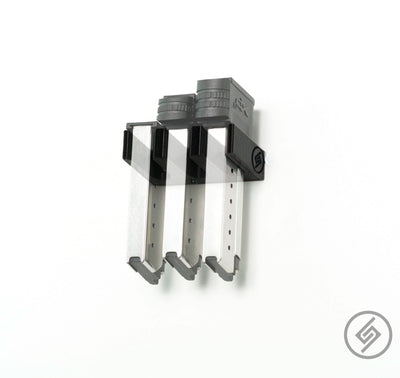 Springfield XDS/XDE magazines shown loaded in the Spartan Mounts wall rack for organized, off-the-floor storage